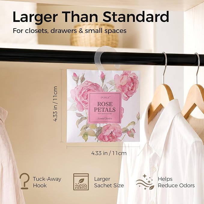 12 Pack Rose Scented Sachets, Air Freshener for Home & Small Spaces | Hanging Sachet Bags with Retractable Hook; Closet Deodorizer & Odor Eliminator for Drawers, Shoe Cabinets, Cars & Luggage