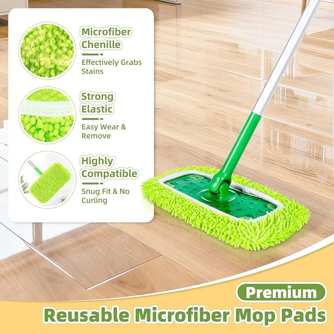 Reusable Microfiber Pads Compatible with Sweeper Mop, Washable Wet Pads Refill & Highly Absorbent Dry Sweeping Cloths - Chenille Mopping Pad for All Sealed Floors Cleaning (Mop is not Included)