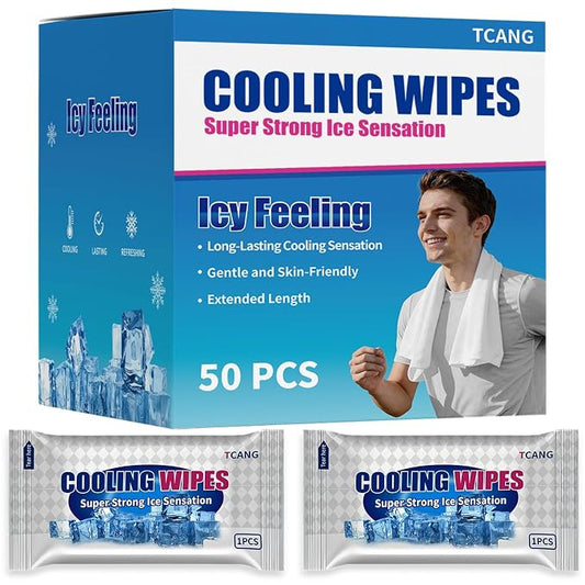 50 Pack Disposable Cooling Wipes, Individually Wrapped No-Rinse Cooling Towels, (25''x 9.84'') Extra-Thick Oversized Ice Towel for Sports, Travel, and Camping in Hot Weather (White)