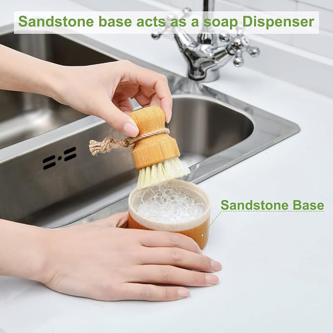 SUBEKYU Bamboo Dish Brush Set with Soap Holder, Wooden Dish Scrubber with Soap Dispenser, Natural Kitchen Scrub Brush, Washing Pot/Pans/Cast Iron, 2 Pack, Sisal Bristles