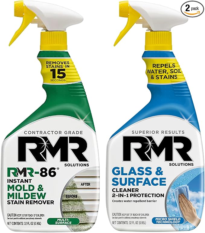 RMR Surface Renewal System – Instant Stain Remover + Glass & Surface Cleaner/Protectant, Indoor/Outdoor Cleaning Kit for Mirror, Screen, Furniture, Siding, & Deck, 2–32 Oz Bottles