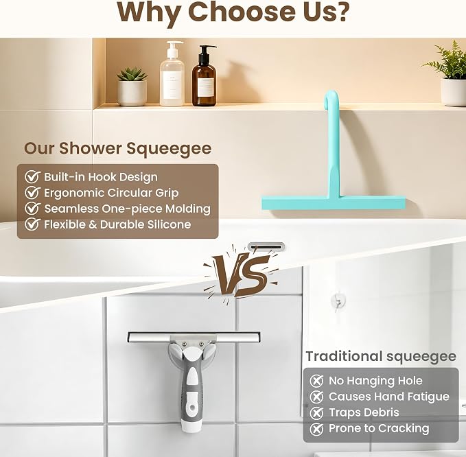 10 Inch Silicone Shower Squeegee for Glass Doors, Streak-Free, Mint Green | No-Squeak Silicone Blade, Ergonomic Round Grip and Built-In Hook for Quick Daily Cleaning of Shower Glass, Tile and Windows