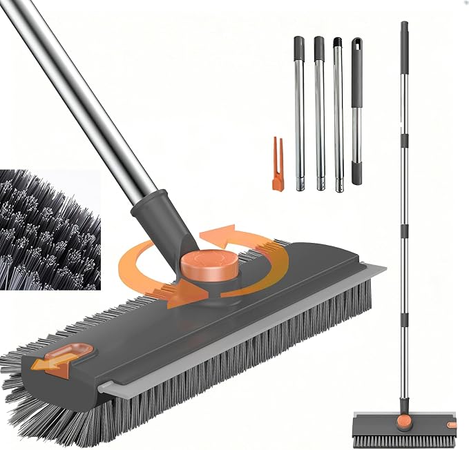 3-in-1 Floor Scrub Brush with Long Handle, Rotating Head Squeegee & Tweezer | Stiff Dual-side Bristle, 50'' Extension Pole, Stainless Steel, Multi-Surface for Shower Tile Patio Kitchen Deck Cleaning