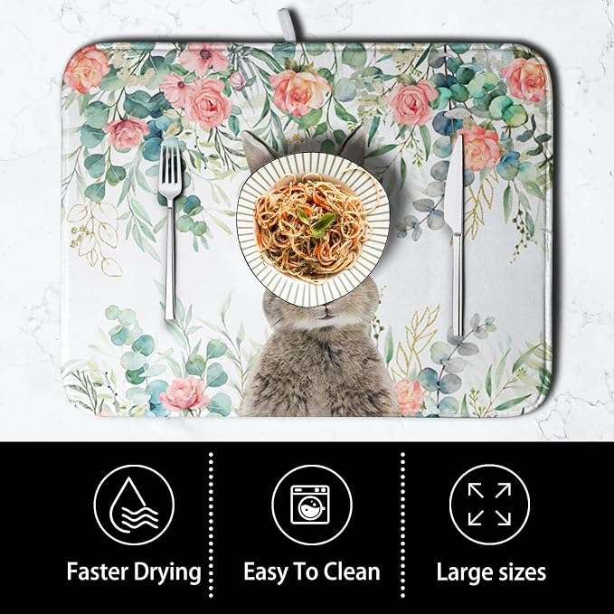 Easter Rabbit Dish Drying Mats for Kitchen Counter Easter Spring Watercolor Floral Bunny Absorbent Dish Drying Mat 18x24 Inch Absorbent Reversible Reusable Washable Dishes Drainer Mats
