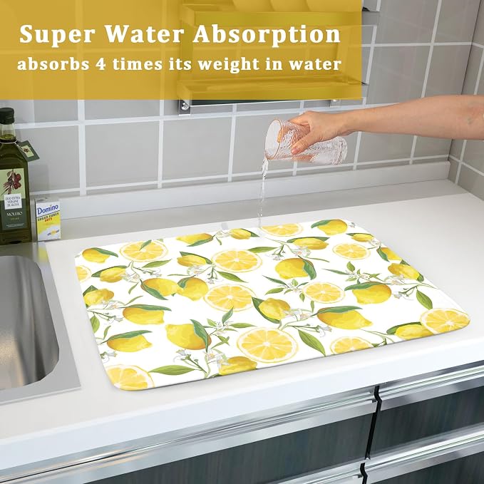 Lemon Dish Drying Mat for Kitchen Counter Spring Summer Microfiber Absorbent Dish Draining Reusable Washable Foldable Extra Large 18"x24"