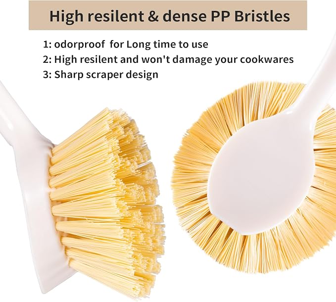 Kitchen Dish & Cast Iron Brush with Scraper, [2 Pack] Skillet Scrub Cleaner with Handle, Kitchen Cleaning Scrubber for Dishes, Pots, Cast Iron Skillet, Non-Stick Frying Pans, Sinks and House Cleaning