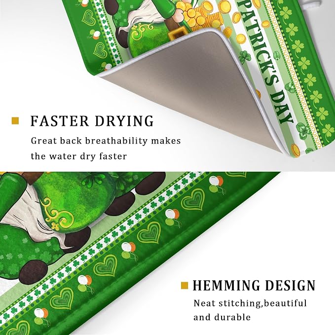 Shamrock Gnome Dish Drying Mat Coin Clover Dishes Fast Dry Mat 18x24 inch Absorbent Microfiber Dishware Drainer Pad for Kitchen Counter Sink