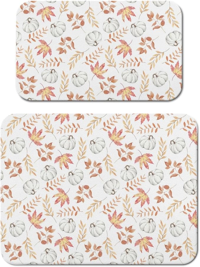 Fall Dish Drying Mat 2-Pack in White Pumpkin for Kitchen Counter Dishes | Diatom Mud Mats (18x24, 19.5x12"). Non-slip rubber back for kitchen counter, coffee bar & sink scenes