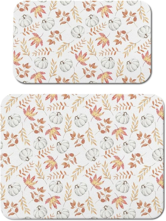 Fall Dish Drying Mat 2-Pack in White Pumpkin for Kitchen Counter Dishes | Diatom Mud Mats (18x24, 19.5x12"). Non-slip rubber back for kitchen counter, coffee bar & sink scenes