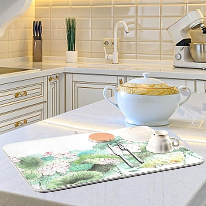 Absorbent Dish Drying Mat for Kitchen Counter - Lotus Watercolor Microfiber Drying Pad, Reversible Drainer Mats for Countertop, Small 16 x 18 inch