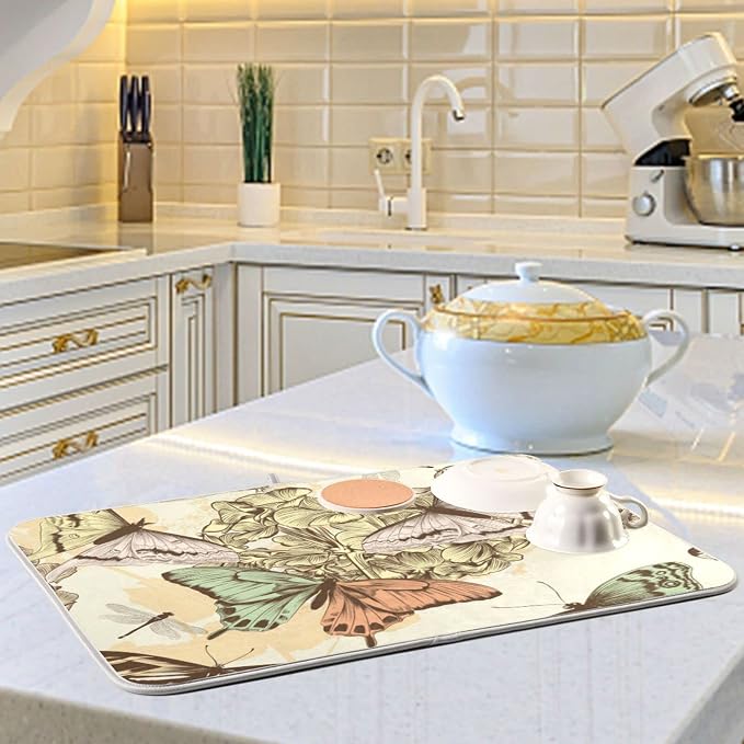 Super Absorbent Dish Drying Mat, Microfiber Fast-Drying Dish Mat, 24" x 18", Kitchen Dish Drying Pad, Retro Butterfly