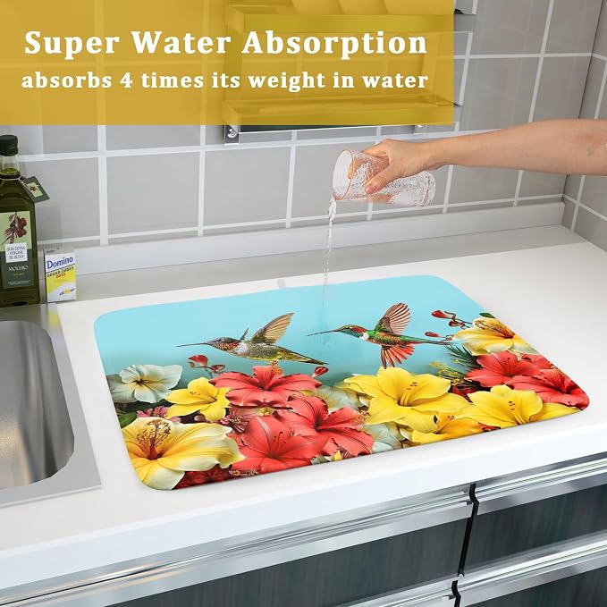 Kawani Hummingbirds Floral Dish Drying Mat for Kitchen Counter 16x18 In Hibiscus Tropical Drying Mat Farmhouse Fast Dry Absorbent Microfiber Dish Drainer Rack Pad for Countertop Decor