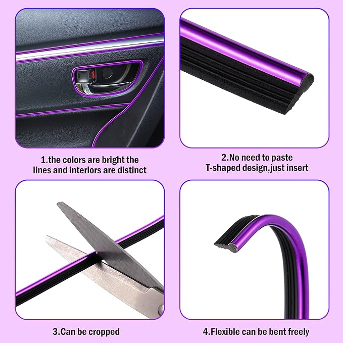 32 Feet Car Interior Moulding Trim Strips Universal Car Decoration Pinstriping Filler Insert Strips Dashboard Decorative DIY Flexible Garnish with Installing Tool(Simple Style,Purple)