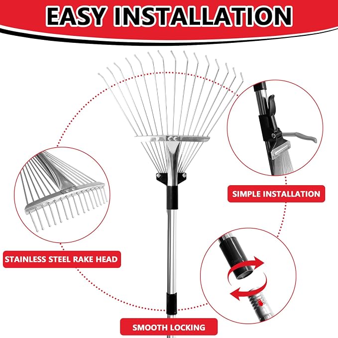 Leaf Rake Adjustable 23" to 75" - Stainless stelel Rake for Leaves, Garden Tools for Yard Lawn Shrub Garden Beds, Rastrillo para Jardin
