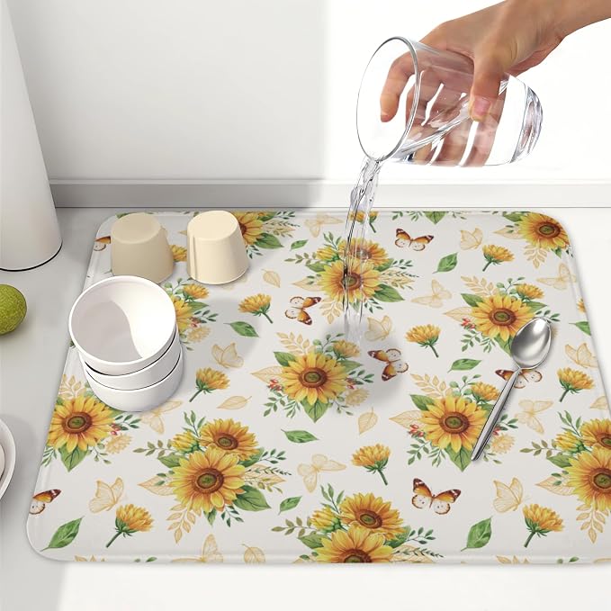 Sunflower Dish Drying Mat for Kitchen Counter Summer Yellow Floral Microfiber Dish Drainer Mat Rustic Farmhouse Absorbent Washable Drying Pad 16"x18"