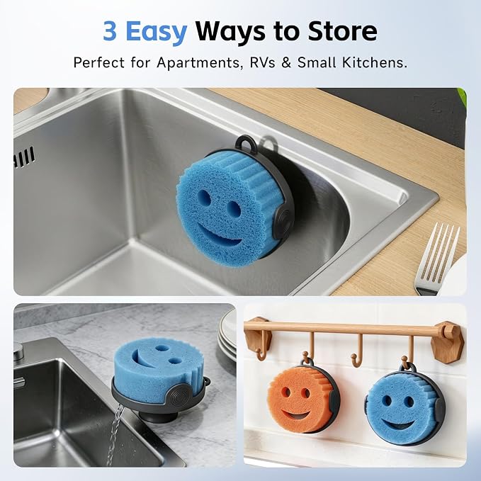 DUDUDU Magnetic Sponge Holder for Scrub Daddy Style Sponges, Silicone Smiling Design for Scrub Daddy Holder, Rustproof Self-Draining Kitchen Sink Caddy, Includes Adhesive Plate for All Sink Types