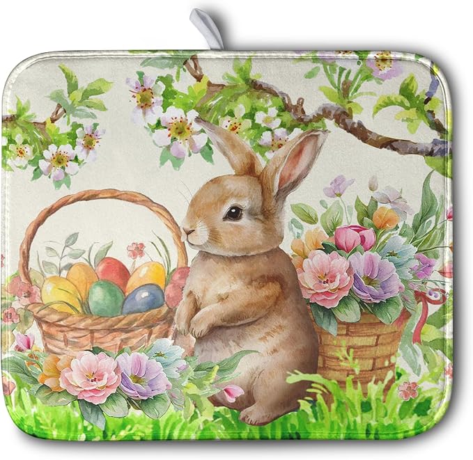 Easter Egg Bunny Dish Drying Mat for Kitchen Counter Floral Flower Basket Drying Mats Absorbent Dish Pad Spring Summer Holiday Medium Dish Draining Mat 18x24 inch