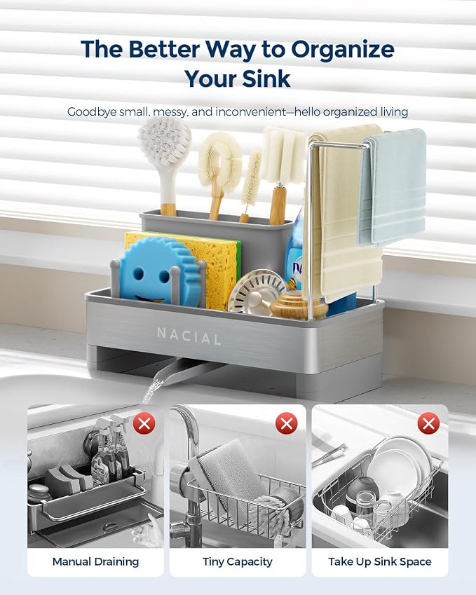 Nacial Sponge Holder for Kitchen Sink, Sink Caddy Organizer with High Brush Holder & Two Towel Racks - Rustproof 304 Stainless Steel Kitchen Countertop Storage Essentials - Gris