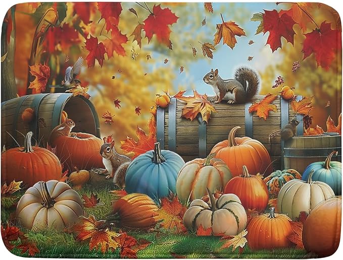 Fall Dish Drying Mat for Kitchen Counter Autumn Pumpkin Cute Squirrel Microfiber Absorbent Dish Draining Reusable Washable Foldable Extra Large 18"x24"