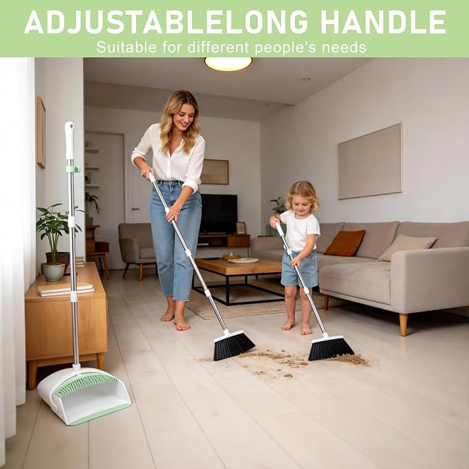 Broom with Dustpan Combo Set for Home, 52-in Long Adjustable Handle Angle Broom and Dustpan Set with Dustpan Comb Teeth for Sweeping Pet Hair Food Dirt Kitchen (White-Green)
