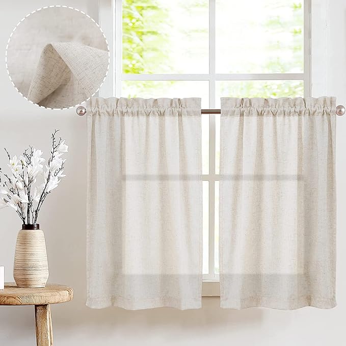 jinchan Beige Rustic Linen Rod Pocket Kitchen Curtains, 26x24, 2 Panels | Light filtering, cafe curtains, machine washable, farmhouse, kitchen, bathrooms, laundry, small window, over sink