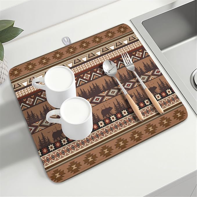 Giwawa Rustic Bear Deer Dish Drying Mat Boho Ethnic Drainer Rack Pad 16x18 Inch Microfiber Absorbent Dish Sink Mat for Counter Kitchen Tableware