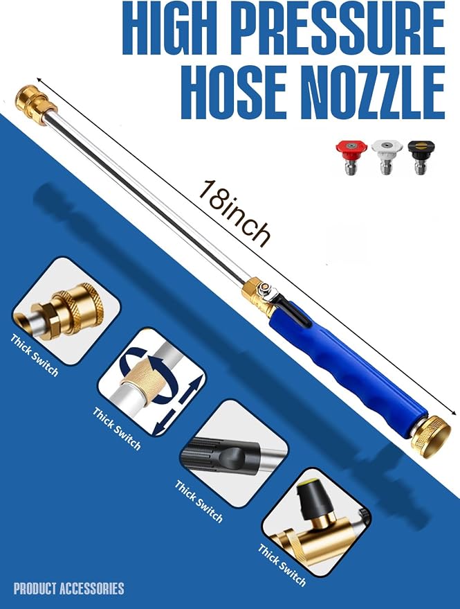 Jet Nozzle High Pressure Hose Nozzle, 18” Hydro Jet Water Hose Nozzle | for Garden Hose with 3 Nozzles & Hose Quick Connectors, Power Washer Wand for Cleaning Patio, Car, Window, Blue
