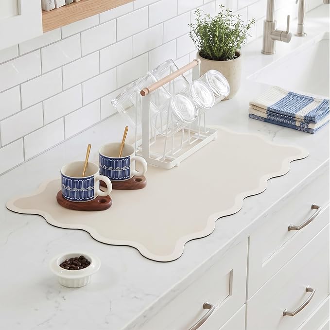 Scalloped Dish Drying Mat for Kitchen Counter, Absorbent Easy Clean Non-slip Coffee Bar Station Accessories, Trendy Cute Aesthetic Modern Drainer Kitchen Drying Mat, Beige 15" x 24"