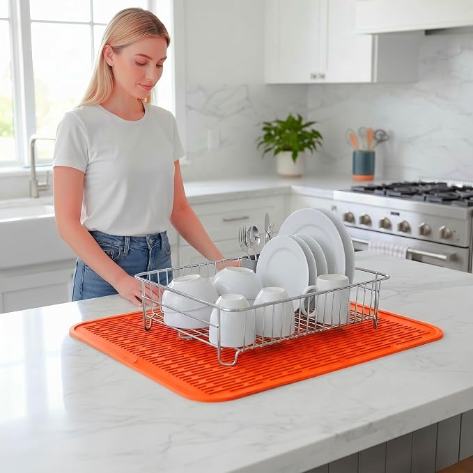 MicoYang Silicone Dish Drying Mat for Multiple Usage,Easy clean,Eco-friendly,Heat-resistant Silicone Mat for Kitchen Counter or Sink,Refrigerator or Drawer Liner Orange 2XL 24 inches x 18 inches