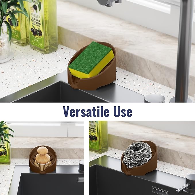 NiHome Silicone Sponge Holder for Kitchen Sink, Fits Scrub Daddy Mommy | Self-Draining Dispenser Organizer Tray, Sink Caddy Countertop Fits Soaps,Scrubber,Dishwasher Safe,Includes Brush,Coffee Brown