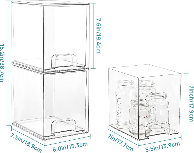 Vtopmart 7.6" H Clear Stackable Storage Drawers, 4 Pack Plastic Organizers Bins for Skincare, Cosmetics,Beauty Supplies,Ideal for Vanity, Bathroom,Kitchen Countertop,Cabinet Organization