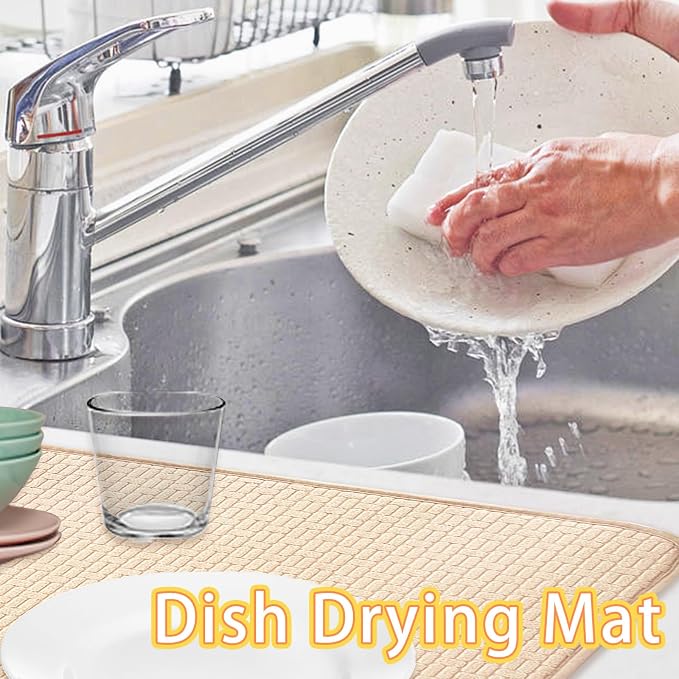 2 Pcs XXL Dish Drying Mats,Absorbent Microfiber Drainer Mat,Large Size 24×17" Pads for Kitchen Counter,Coffee,Rack,Under Sink(Beige)