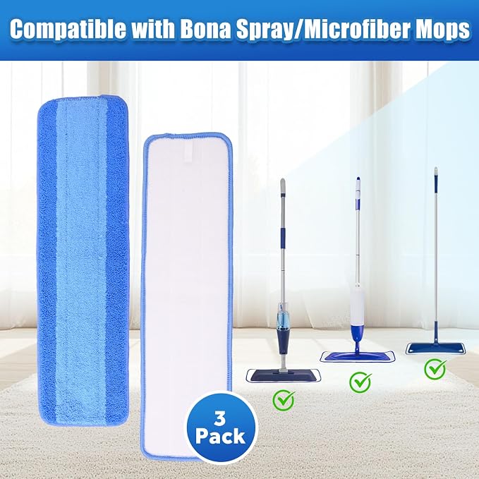 3 Pack Microfiber Cleaning Pads Compatible with Bona Mop Replacement Pad | 18 Inch Spray Mop Pad Refills, Machine Washable Reusable, Hardwood & Hard Floors, Clean Pet Hair & Dust, Highly Absorbent