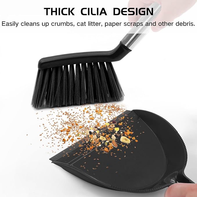 NACENA Mini Broom and Dustpan Set, 2 Packs, Black | Small Dust Pan and Brush Set with Handle Dustpan Teeth for Cleaning Hair Suitable for Desks Sofas Pet Care Outdoor Camping