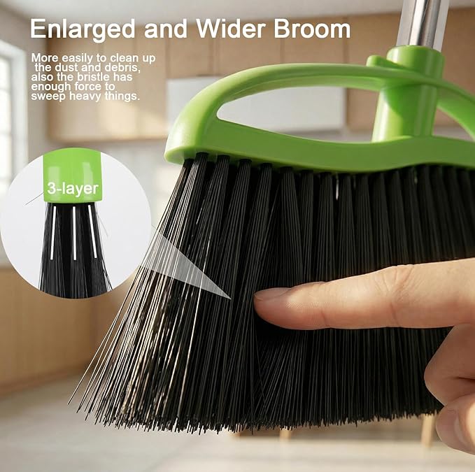 3 Packs Indoor Brooms Green Angle Broom Soft Bristles Long Handle for Hardwood Floor Sweeping