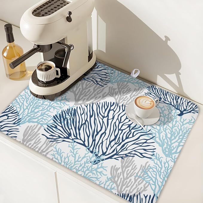 Beach Theme Dish Drying Mat for Kitchen Counter 18x24 Inch | Blue Coral，Polyester，Absorbent Microfiber，for Coffee Dining Decor