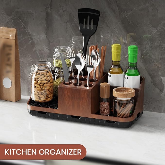Boperzi Bathroom Counter Organizer for Vanity & Sink Storage: Detachable Electric Toothbrush and Toothpaste Holder, Water Flosser Holder, Bathroom Decor and Accessories Organization Set(Walnut Black)