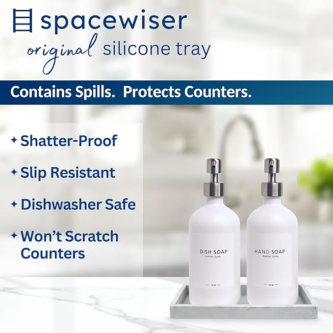 Spacewiser Countertop and Vanity Tray - 2 PC Small 7.7" Silicone Bathroom Trays, Kitchen Soap Tray, Dish Sponge Soap Holder Kitchen Sink Organizer Caddy, Bathroom Counter Trays for Lotion Dispenser