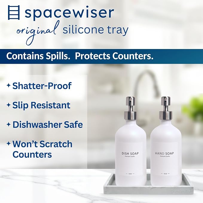 Spacewiser Countertop and Vanity Tray - Small 7.7” Silicone Tray for Soap Dispenser Bottles, Sponge Holder for Kitchen Sink Caddy Organizer, Bathroom Trays, Dish Soap Holder for Kitchen Counter, Keys