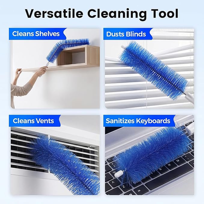 Fan Cleaning Brush, Bendable Microfiber Head, Microfiber Duster for Electric Fan and Blind, Reusable Dust Remover Washable ldeal for Electric Fans Air Conditioning, Home Car Vents, Curtain (Blue 2PCS)