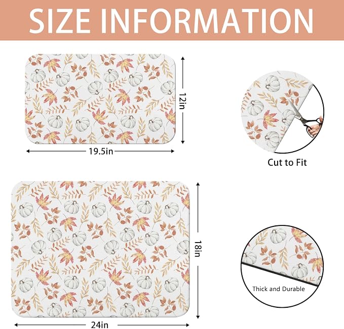 Fall Dish Drying Mat 2-Pack in White Pumpkin for Kitchen Counter Dishes | Diatom Mud Mats (18x24, 19.5x12"). Non-slip rubber back for kitchen counter, coffee bar & sink scenes