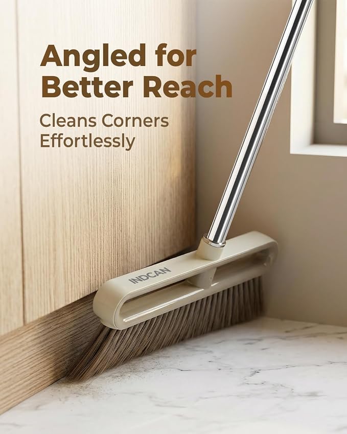 INDCAN Broom and Dustpan Set with 52" Adjustable Long Handle, Upright Standing Dustpan with Comb Teeth, Foldable Dustpan, Angled Broom Head for Corners, Indoor Floor Sweeping Set (Santra Lite)