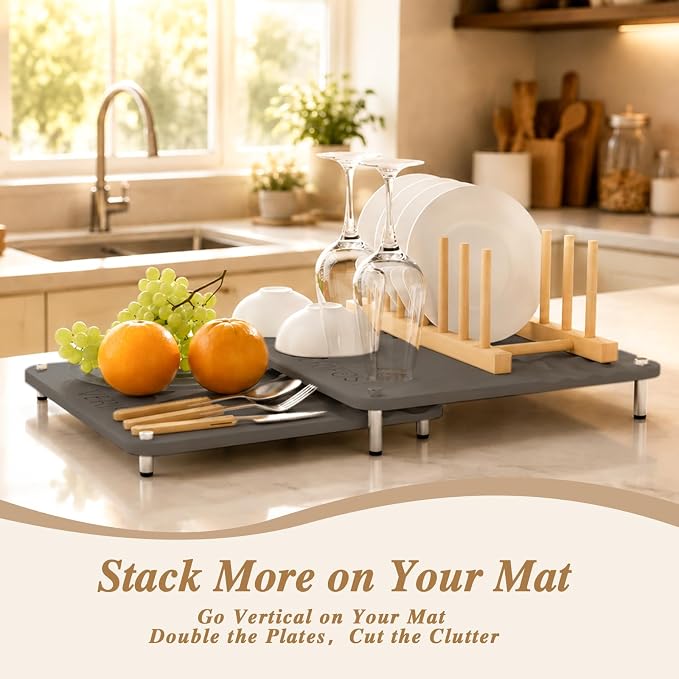VERIFOST Nested Dish Drying Mat with Bamboo Rack for Dishes, 2Pcs Diatomaceous Earth Stone, Fast Stone Drying Mat for Kitchen Counter with Non-slip Feet, Midnight Gray