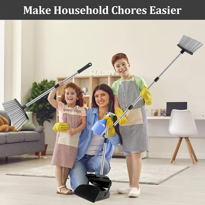 Broom and Dustpan Set, 51" Long Handle Broom with Dustpan Combo Set, Windproof Standing Dust pan with Self-Cleaning Teeth, Household Set Sweep Kitchen Office Lobby Pet Room