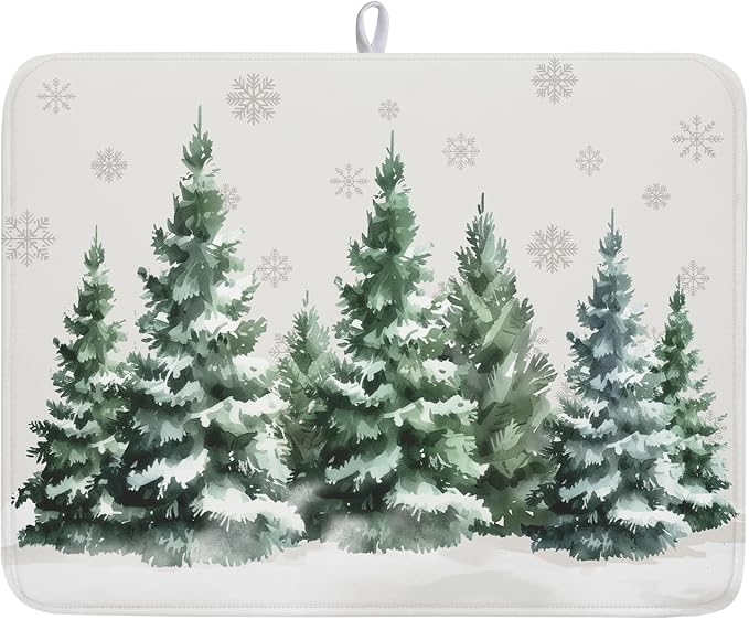 Winter Pine Tree Dish Drying Mat for Kitchen Counter 18x24 Inch Winter Decorative Dishes Mats Winter Absorbent Reversible Kitchen Drainer Pad Christmas Decorations Fast Dry Tableware Dishes Pad