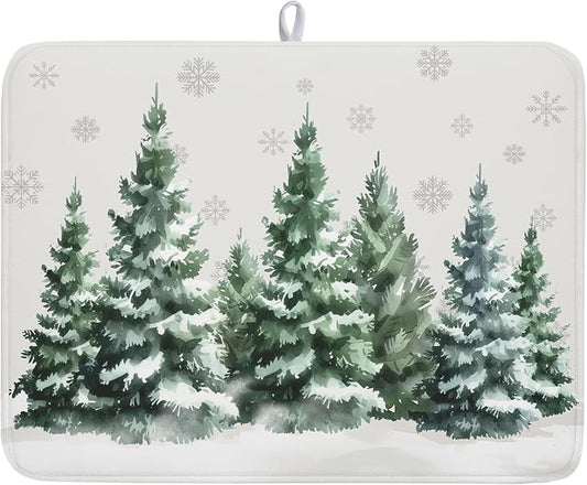 Winter Pine Tree Dish Drying Mat for Kitchen Counter 18x24 Inch Winter Decorative Dishes Mats Winter Absorbent Reversible Kitchen Drainer Pad Christmas Decorations Fast Dry Tableware Dishes Pad