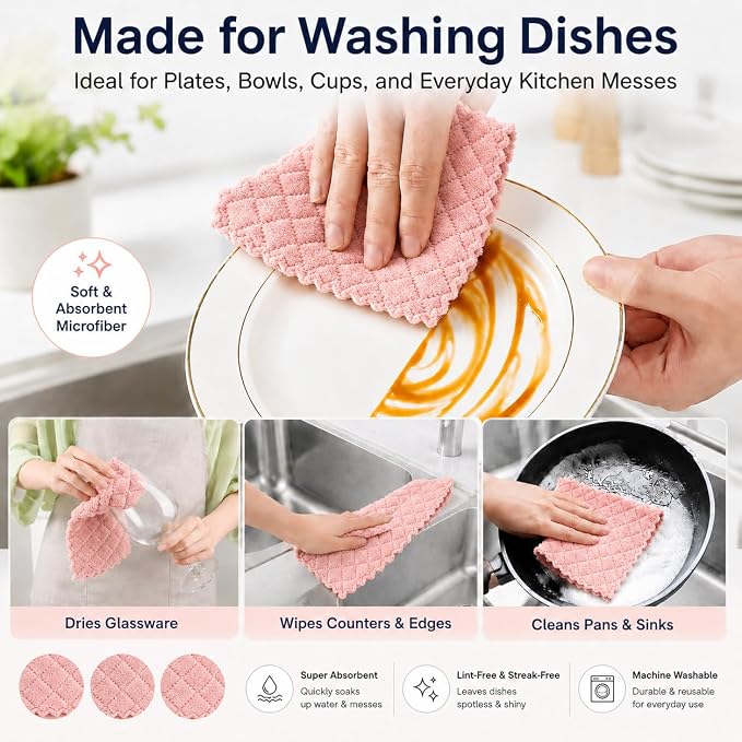 kimteny 12 Pack Dish Cloths for Washing Dishes, Super Absorbent Microfiber Kitchen Dish Rags, Fast Drying Coral Velvet Dish Cloths for Kitchen Counter and Dishes (Pink-Grey)