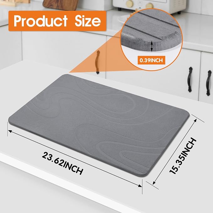 Snuggery Large Stone Drying Mat for Kitchen Counter - 24"x16" Dirt-Resistant Quick Drying Fast Absorbent Non-Slip Diatomite Mat, Natural Diatomaceous Earth Dish Drying Pad for Dish Rack(Dark Grey)
