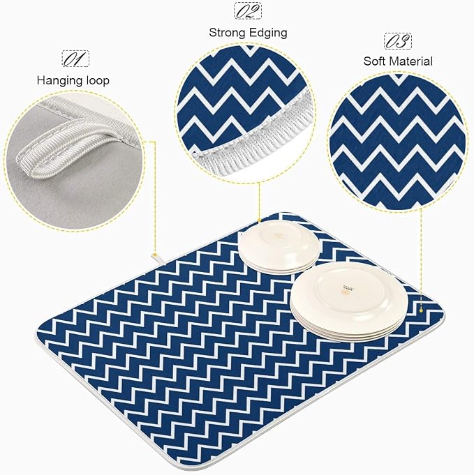 Nautical Navy Stripes Dish Drying Mat for Kitchen, Absorbent Microfiber Drying Pad Dish Mat, 16" X 18"