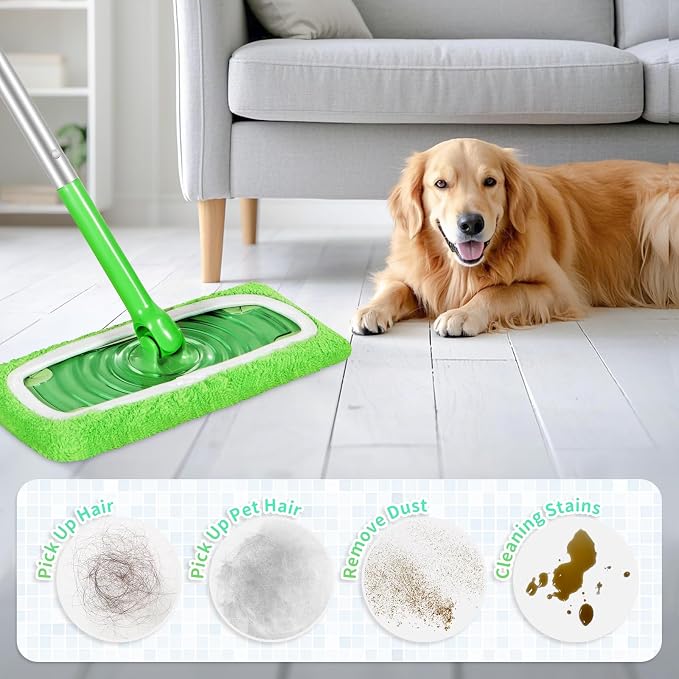 8 Pack Reusable Mop Pads Compatible with Swiffer Sweeper, Coral Fleece Washable Swiffer Pads, Dry & Wet Sweeping Mopping Cloths (Green, Not Included Mop)